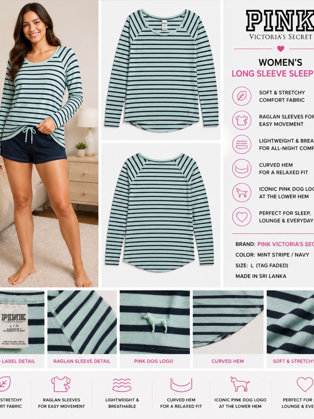 PINK Victoria's Secret Long Sleeve Striped Sleepwear Top Large